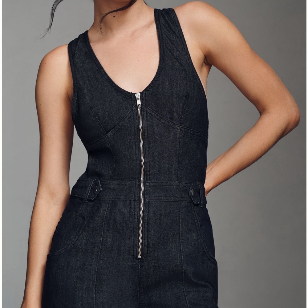 Maeve Anthropologie Sleeveless V-Neck Flare Denim Jumpsuit - Picture 2 of 7